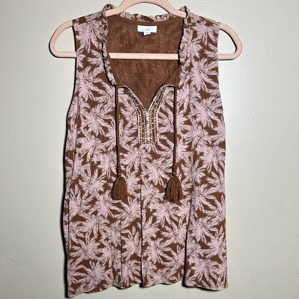 J Jill Palm‎ Print Embroidered Tassle Tank Top | Large Petite